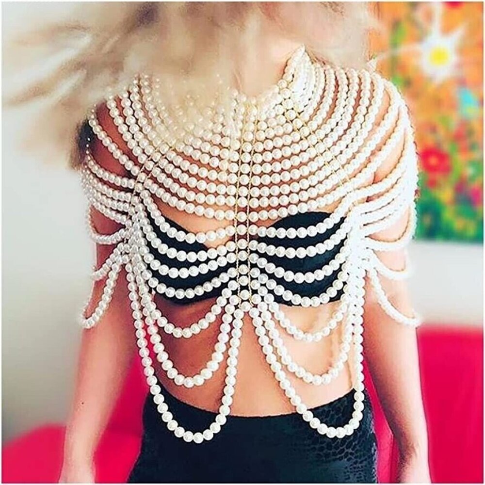 Jewelry Accessory Layered Ivory Gold Synthetic Big Pearls Necklaces Body Chains - Picture 10 of 16